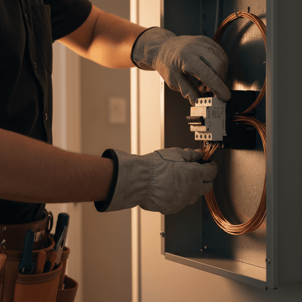 Electrician installing circuit breaker in residential electrical panel