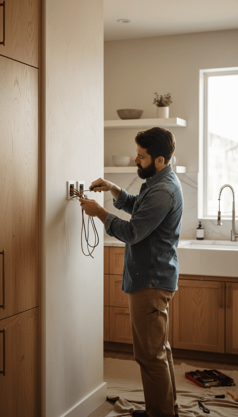 Electrician installing smart home switch in residential kitchen remodel