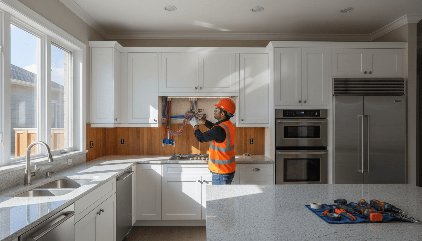 Electrician installing smart lighting in kitchen remodel