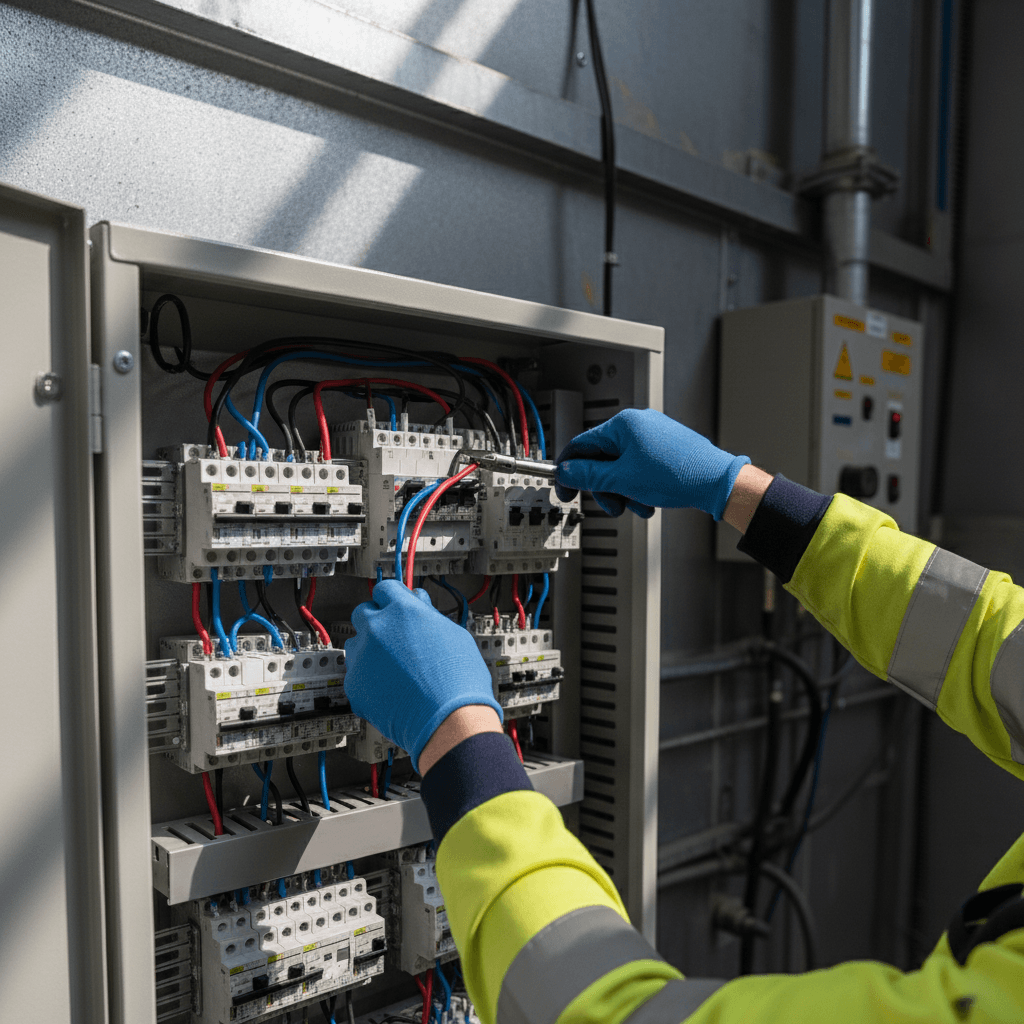Commercial electrical main panel installation with technician verification