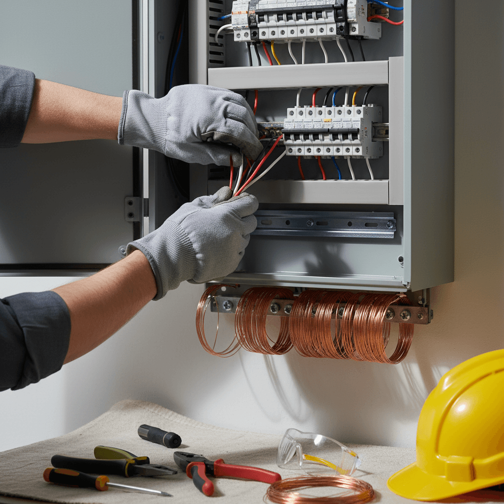 Detailed view of electrician maintaining commercial electrical panel and components