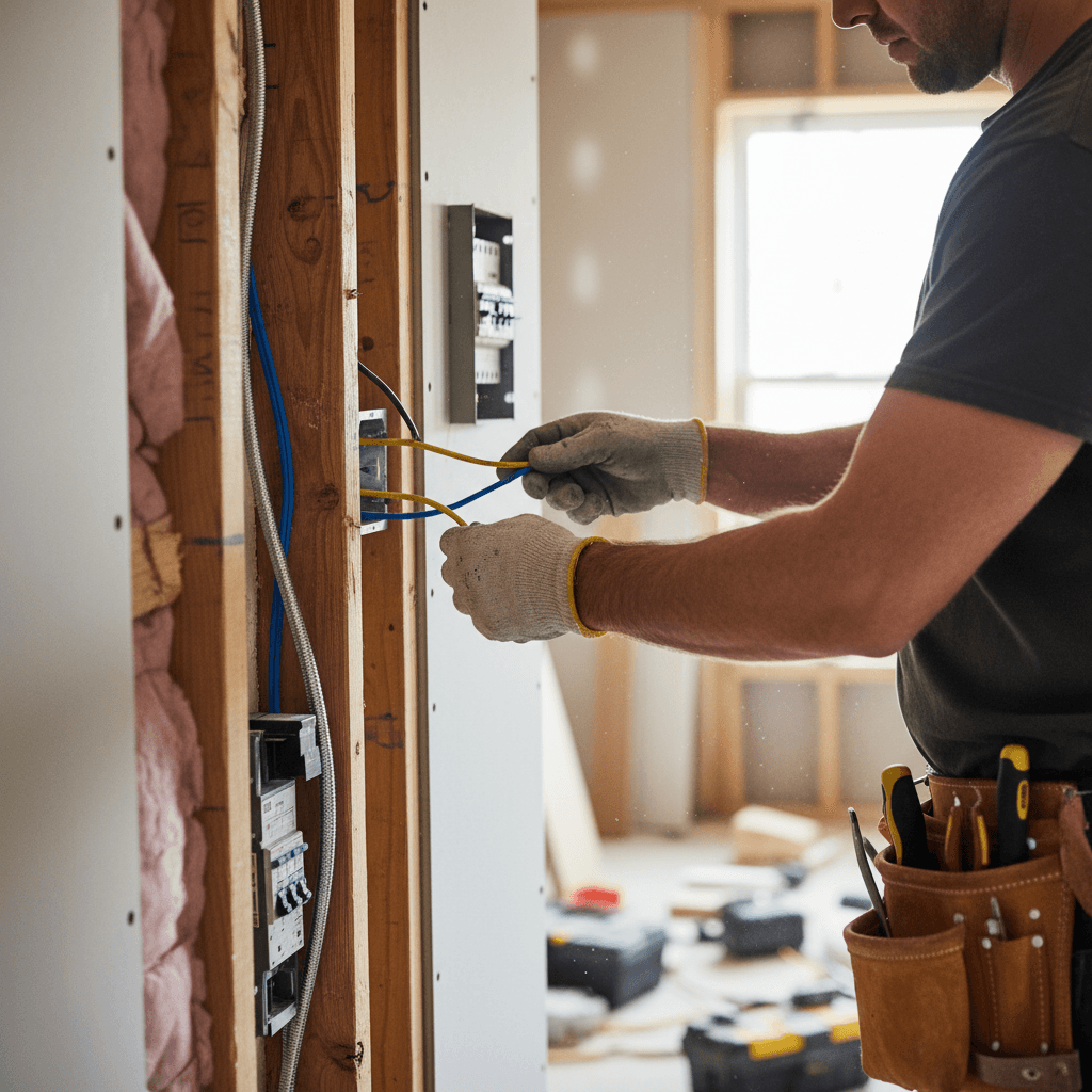 Electrician installing wiring during new home construction